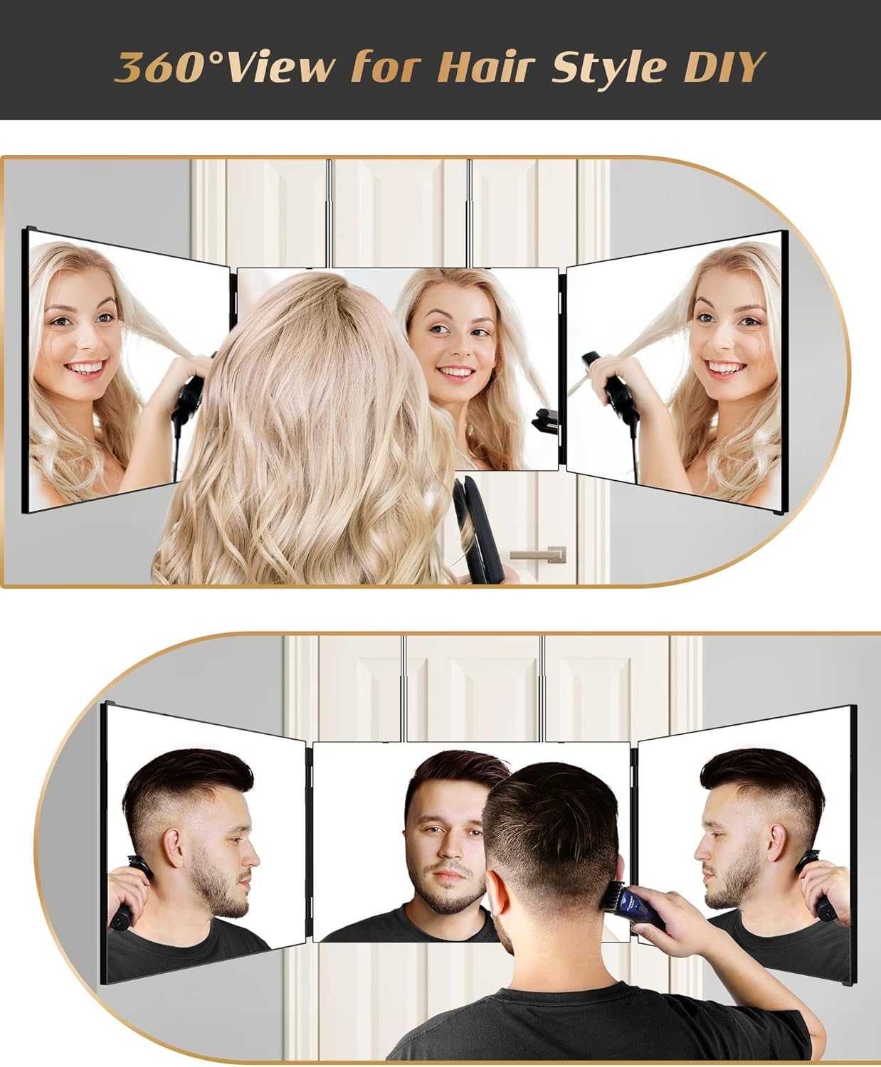 JUSRON 360 Viewing Angle Self Hair Cutting Mirror, Clear Anti-Fog HD Glass (Black without LED with Accessories) image number 2