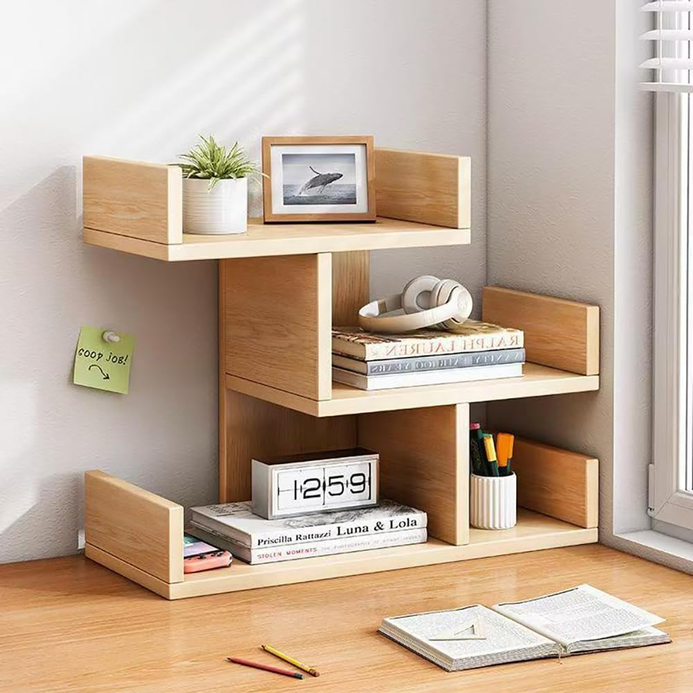 Hbluefat Desktop Storage Shelf, Small Wood Desk Bookshelf/Bookcase, Tabletop Display Rack Organisers for Books/Cds/Albums/File (Wood)