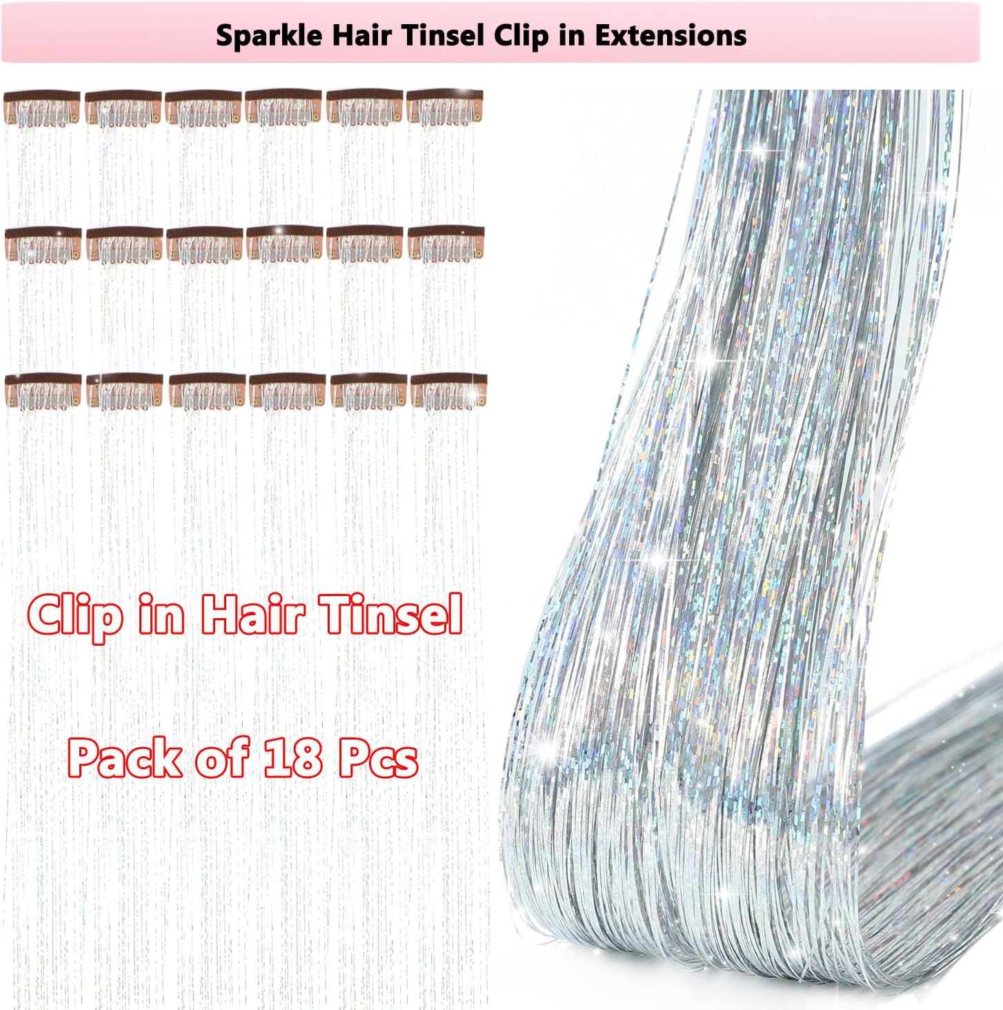Obinying Hair Tinsel Pack of 18 Pcs Hair Tinsel Clip in 20.5 Inch Glitter Tinsel Hair Extensions Clip in Hair Tinsel Kit Party Festival Fairy Hair Accessories for Girls Women Kids (Silver) image number 4