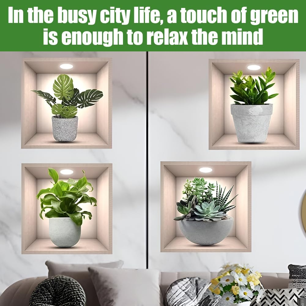 4 Pcs Green Pot Plants Leaves Wall Decals, 3D Bonsai Plant Wall Sticker, Living Room Dining Room Bedroom Decor, 30 * 30Cm, Peel and Stick image number 3