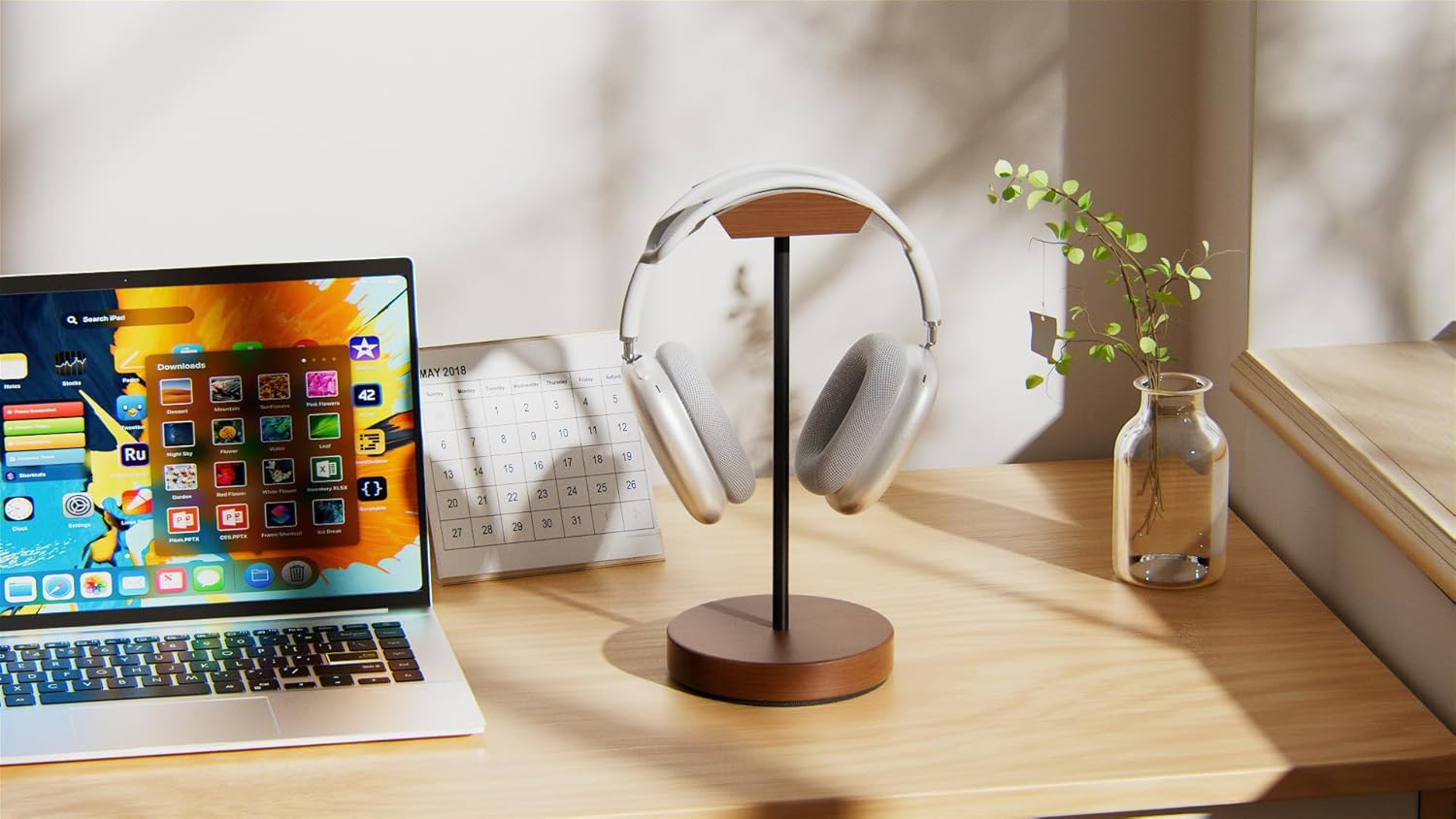 Wigmoa SS-M Wooden Headphone Stand &ndash; Solid Wood & Aluminum Headset Holder, Desktop Earphone Hanger with Sturdy Base, Stylish Gaming & Office Headphone Mount for All Headsets. (Walnut/Black) image number 3