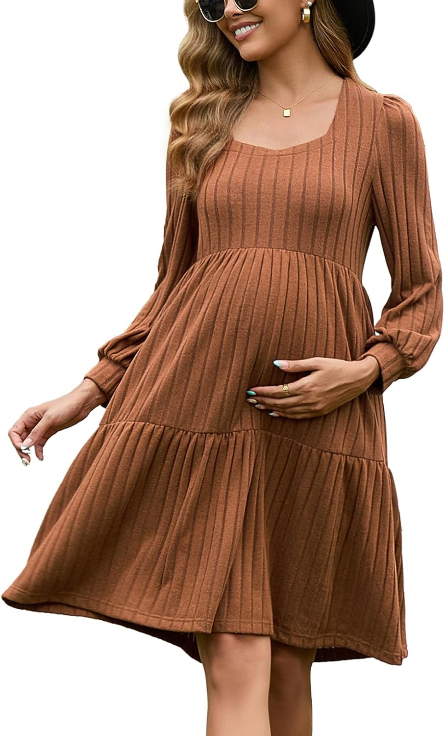 GINKANA Womens Maternity Sweater Dress Square Neck Long Sleeve Fall Casual Pregnancy Babydoll Knit Dresses with Pocket