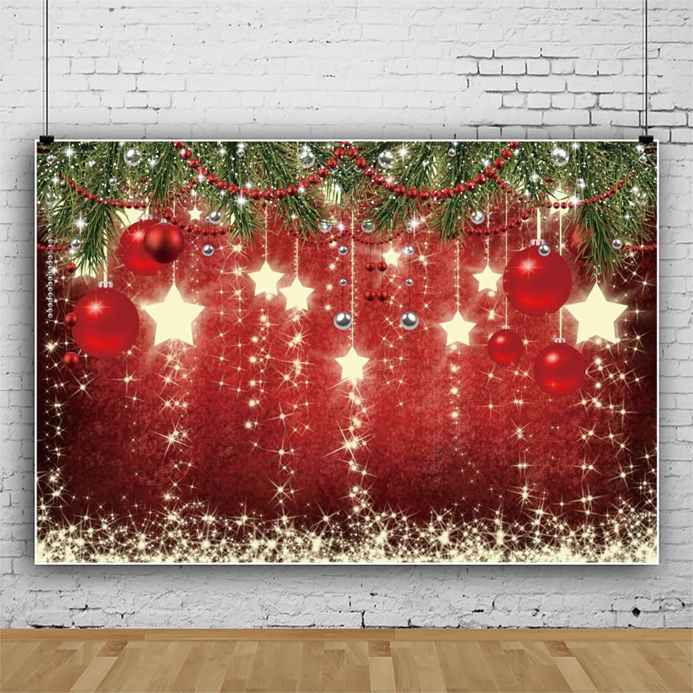 Christmas Backdrops Red Ball Shining Stars Theme Background New Year Backdrop Christmas Party Decoration Banner Children Birthday Party Newborn Party Photo Booth Props 8X6Ft image number 2