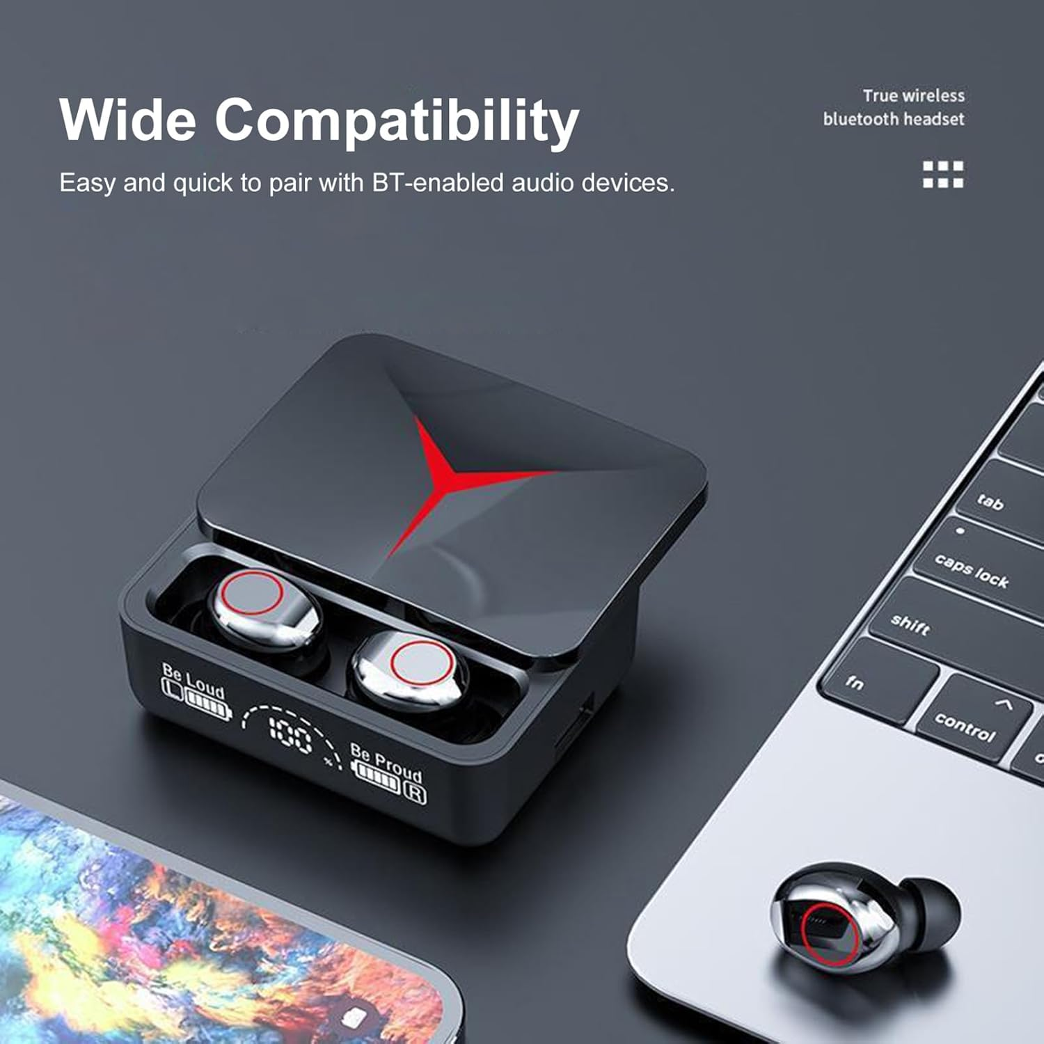 M90 Wireless 5.3 Sport Earbuds with LED Power Meter Portable Charger Case Touch Control 5H Playtime Dual Mic Ergonomic Fit Black image number 1