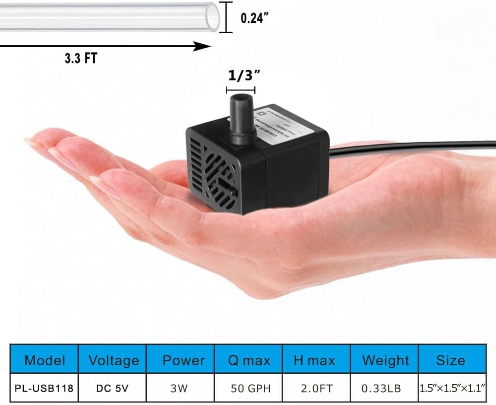 Mini Submersible Water Pump DC 5V USB with Tubing for Pet Fountain, Aquarium Fish Tank, Pond, Fountain, Hydroponics, Adjustable Flow image number 6