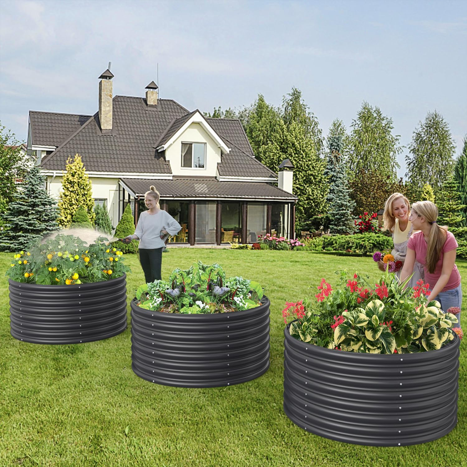 FRIZIONE 2-Pack 3FT(D) X2Ft(H) round Galvanized Raised Garden Bed Outdoor, Metal Raised Garden Beds for Flower, Raised Planter Box Outdoor for Herb, Vegetable-Gray image number 3