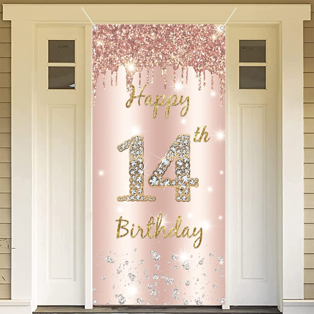 14Th Birthday Decorations for Girl, Happy14Th Birthda Y Backdrop Banner Rosegold Fabric Sign Poster, Girl 14 Years Old Party Supplies Door Banner Welcome Sign, 180 Cm X 90 Cm image number 1