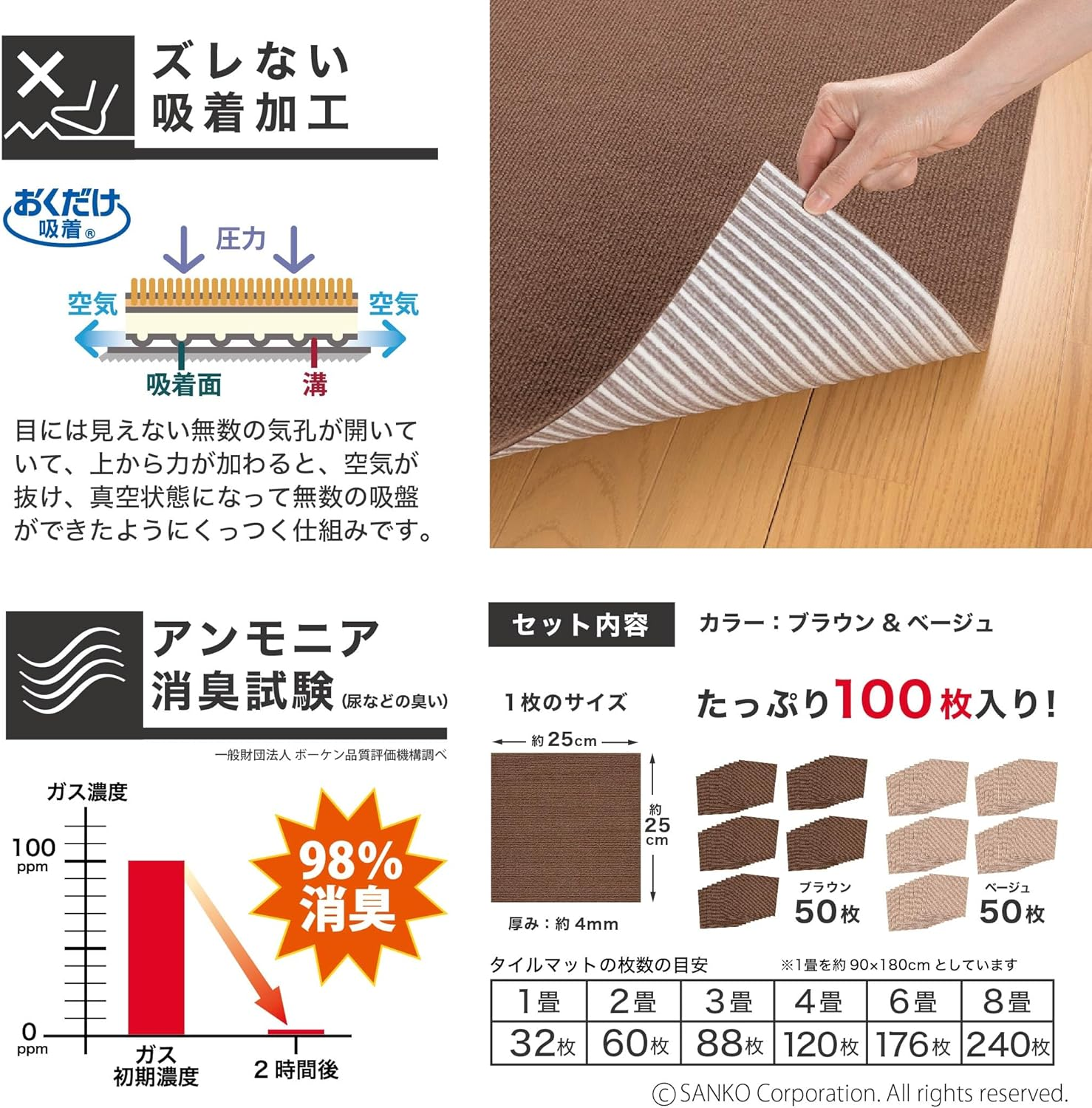 Sanko OF-81 Pet Water Repellent Tile Mat, 9.8 X 9.8 Inches (25 X 25 Cm), Set of 100, Brown & Beige Set, Dogs, Cats, Sanko, Carpet, Made in Japan, Water Repellent, Deodorizing, Washable, Can Be Cut