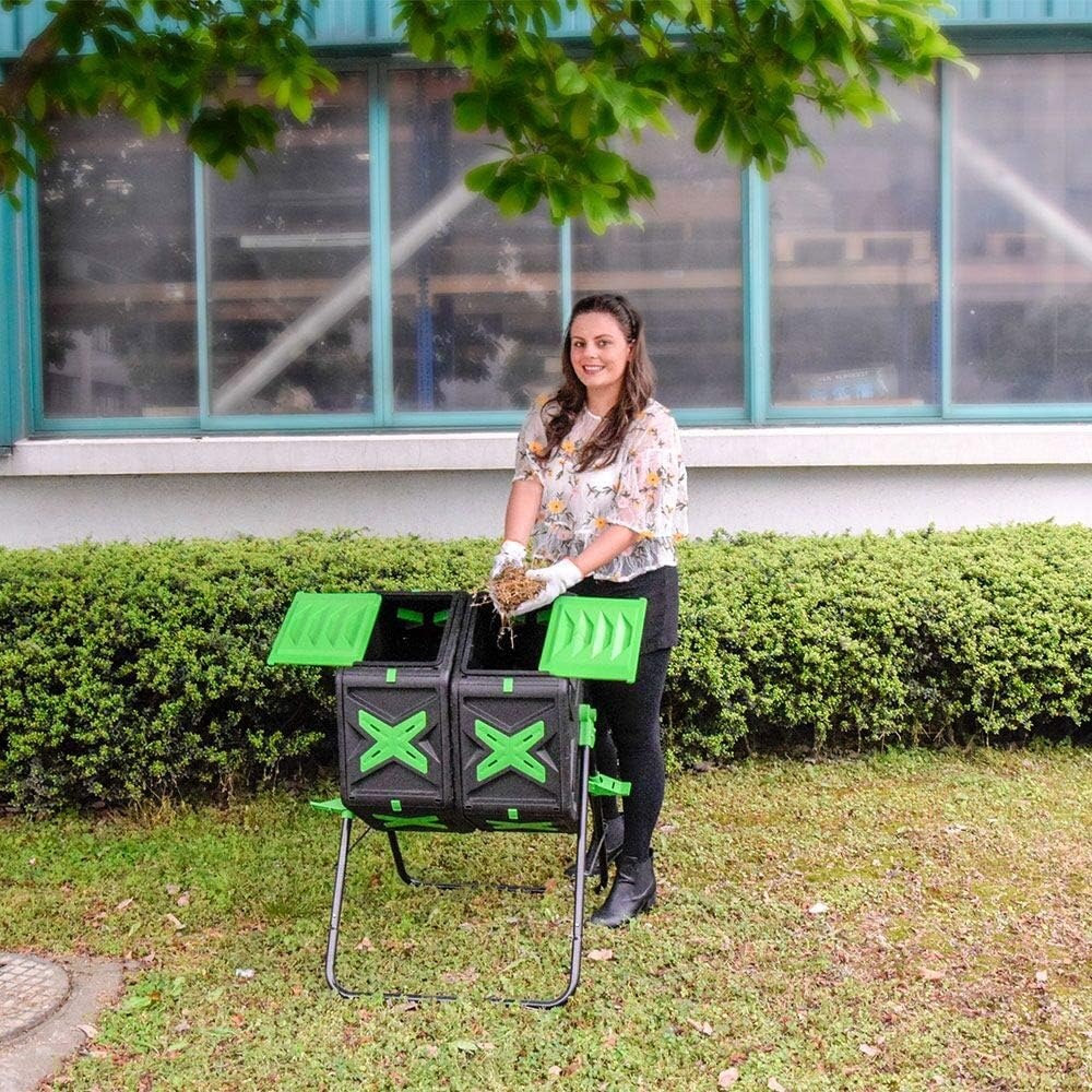 140L Tumbling Compost Bin, Dual Chamber Compost Tumbler with Easy-Turn, Fast-Working System for Garden, 2X18.5 Gal, Black & Green image number 1
