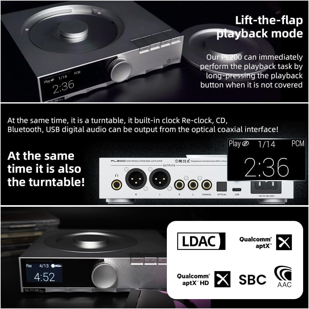 SMSL PL200 MQA CD Player DAC AK4499EX Chip USB Bluetooth 5.1 Headphone Amplifier Supports 32Bit/768Khz DSD512 USB/CD Player Input Fully Balanced Decoding DAC Preamp,With Remote Control (Silver) image number 4