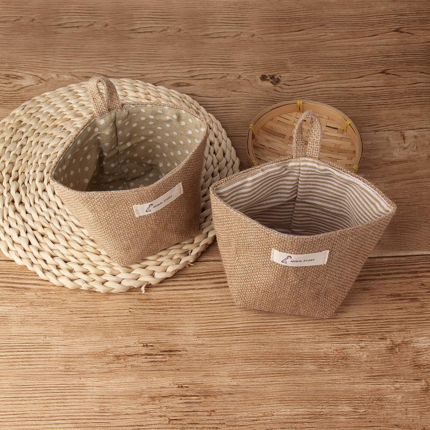 JIAKAI 4Pcs Mini Hanging Storage Bag，Cotton Linen Small Storage Basket Decor Bin Bag with Handle, for Wall Door Closet image number 3