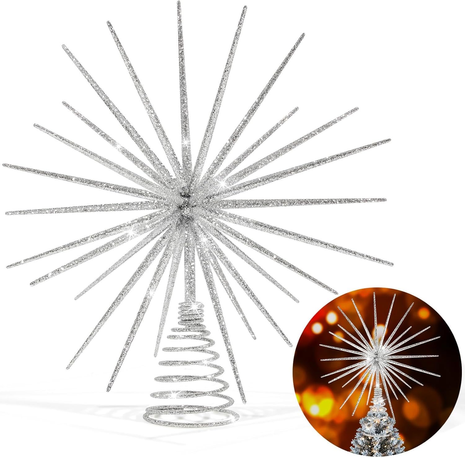 13.7 Inch Silver Christmas Tree Topper - 3D Burst Silver Tree Topper, Exploding Star Christmas Tree Decorations