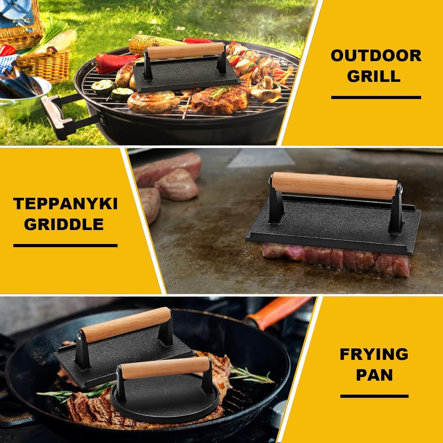 Burger Press, 7" round & 8.2"X4.3" Rectangle Hamburger Press, Heavy-Duty Cast Iron Bacon Press, Meat Press with Wood Handle for Burgers, Steak, Sandwich and Panini image number 3