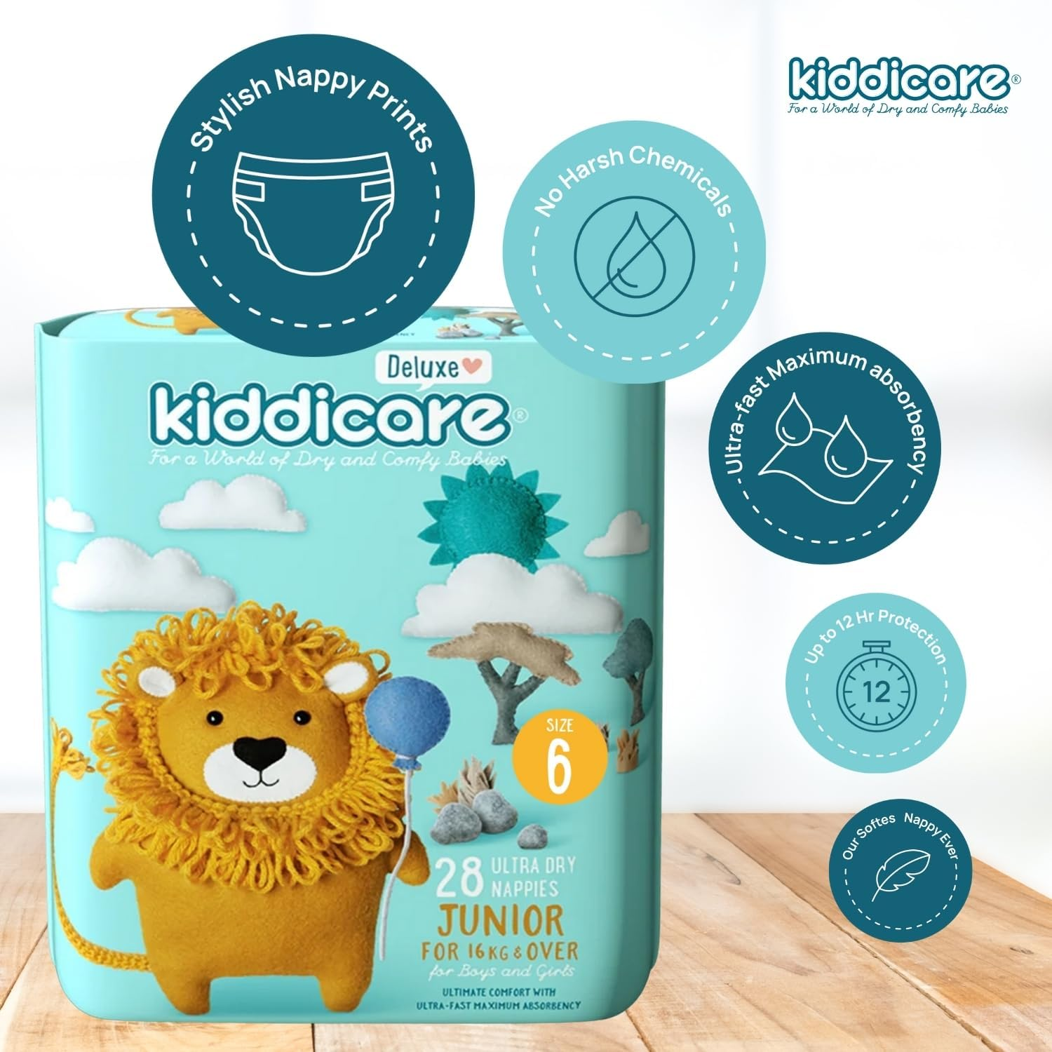 Kiddicare Deluxe Junior Baby Nappies, Size 6 (16+Kg), 112-Count, Pack of 4, Ultra-Fast 12-Hour Absorption, Leak Protection, Anti-Rash, Cottony Soft & High Absorbent Technology image number 4