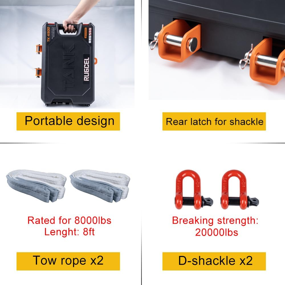 RUGCEL WINCH 12V DC Electric Portable Utility Winch 4500Lb/2041Kg Single Line Pull with Steel Mounting Plate, Integrated Hawse Fairlead and Synthetic Rope,Wiress Remote image number 3