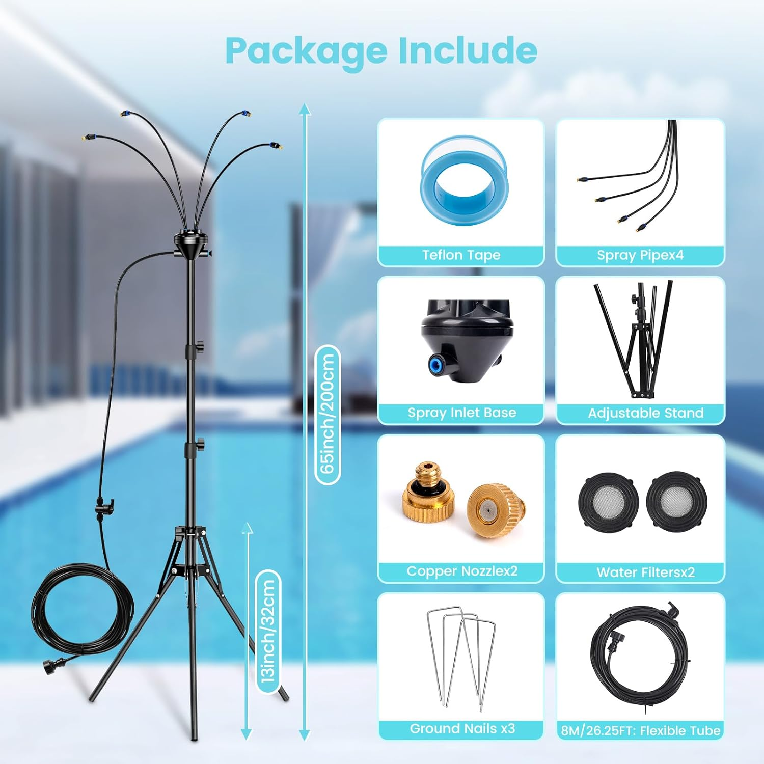 Upgrade Standing Misters for outside Patio - Portable Misting System for Cooling Outdoor 65 Inch Height Water Mister W 26.5Ft Stand Misting Line for Garden Yard BBQ Pool Water Playing Sprinklers image number 1