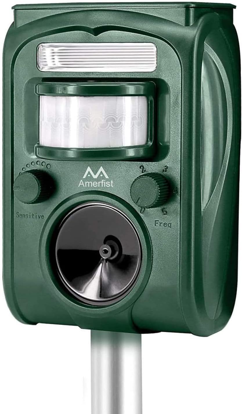 AMERFIST Solar Animal Repeller, 2021 Ultrasonic Mole Repellent, Rat, Squirrel, Deer, Raccoon, Skunk, Rabbit, Mole, Dog, Cat, Waterproof with Motion Detector, USB Rechargeable, Flashing Light (Green)