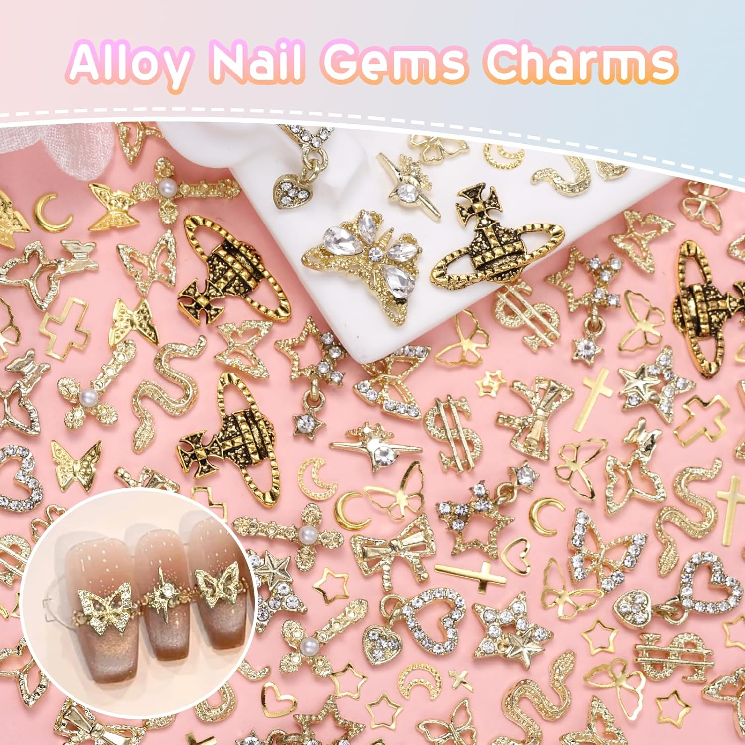 170 Pcs 3D Gold Nail Charms, Cross Snake Star Heart Dangle Nail Gems Charms, Bow Planet Dollar Butterfy Nail Gems for Alloy Nails, Rivet Nail Rhinestones for Nails Art DIY Design