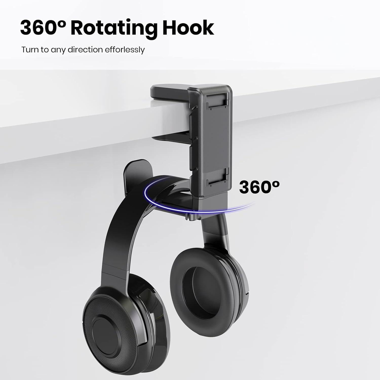 Headphone Stand Holder,Adjustable Clamp-On Headphone Holder with Cable Clip,360 Degree Swivel,Above & under Desk (Black) image number 5