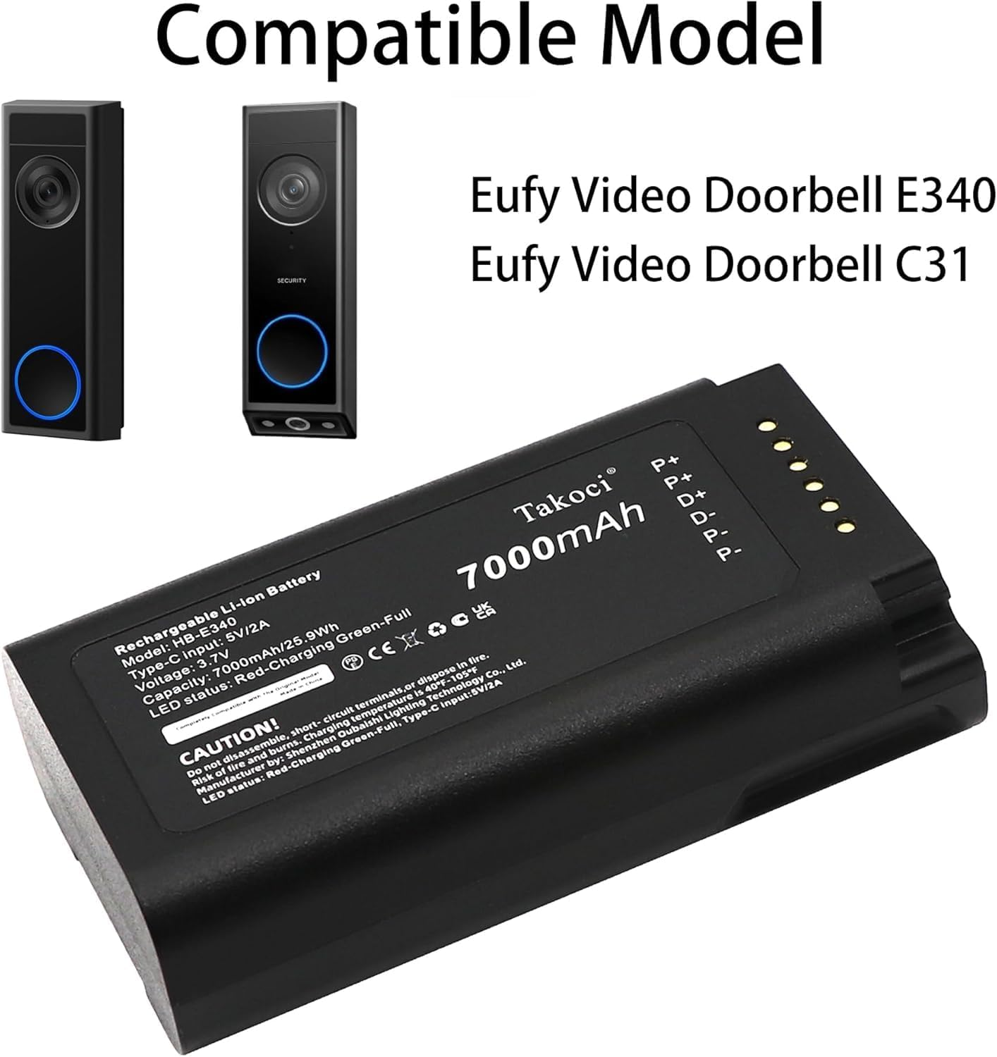 TAKOCI E340 Battery Replacement Compatible with Eu/Fy Security Video Doorbell E340/C31 Dual Camera Video Doorbell E340/C31 Spare with Type-C Charger Cable 7000Mah/3.7V image number 6