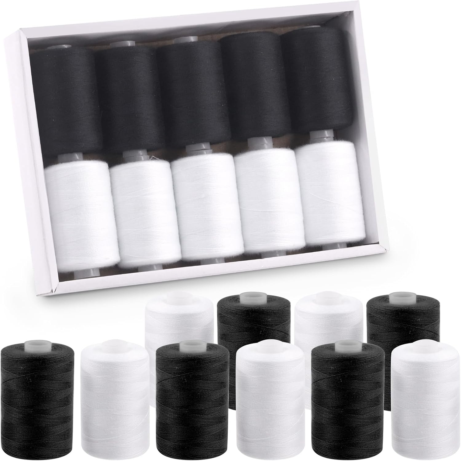 Swpeet 10Pcs 1000 Yards Black White 2 Colors All Purpose Threads with Sewing Needles Kit, Handy Polyester Sewing Threads Embroidery Thread, Hand Sewing Needle Threaders Set for Crafters Lovers