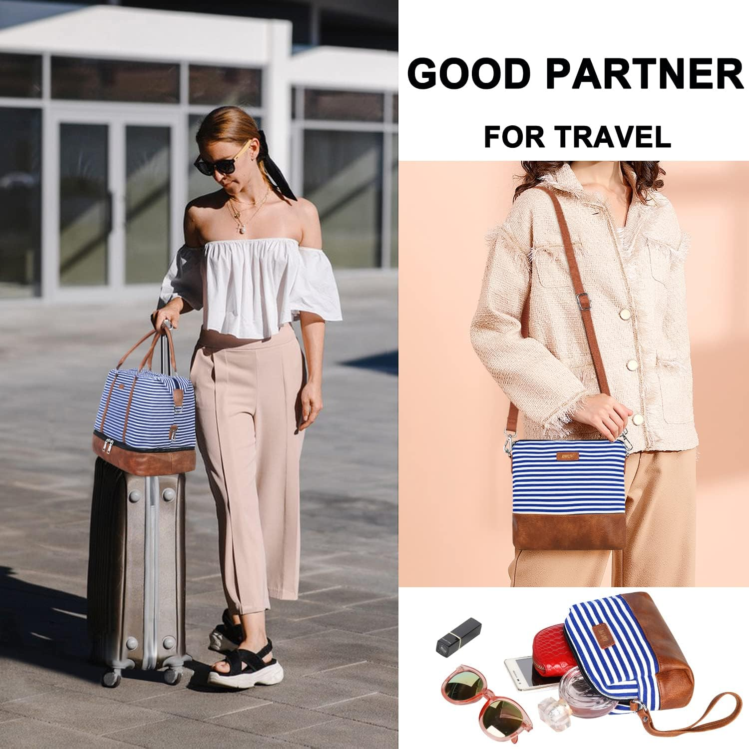 Weekender Bag for Women, 21" Womens Overnight Bag Travel Duffel Bag Set with Shoe Compartment Carry on Bag Fit 21.5" Laptop, Perfect for Travel/Business/Gift - A1-Canvas-Black Strip image number 2