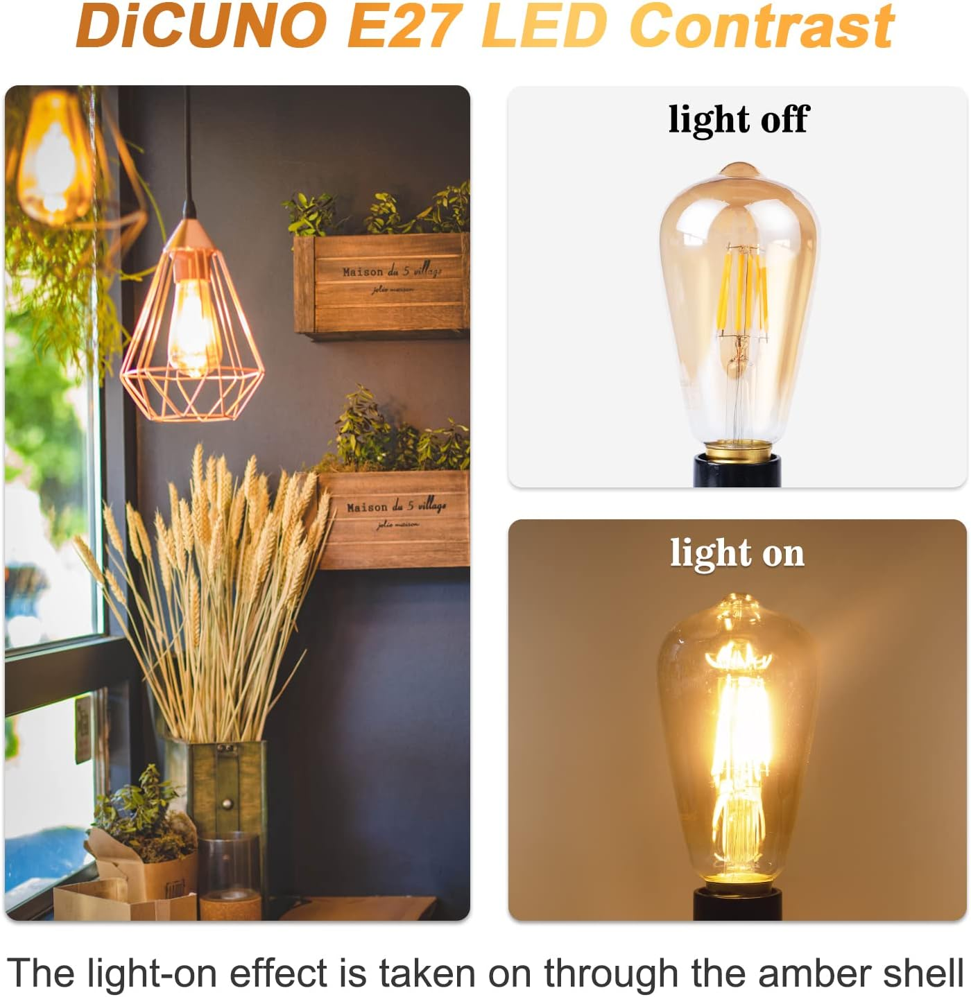 Dicuno E27 LED Edison Bulb, Vintage Light Bulb, 6W (60 Watt Equivalent), Retro Amber Warm Glass, 600LM, Warm White 2200K, Non-Dimmable, 2-Pack image number 2