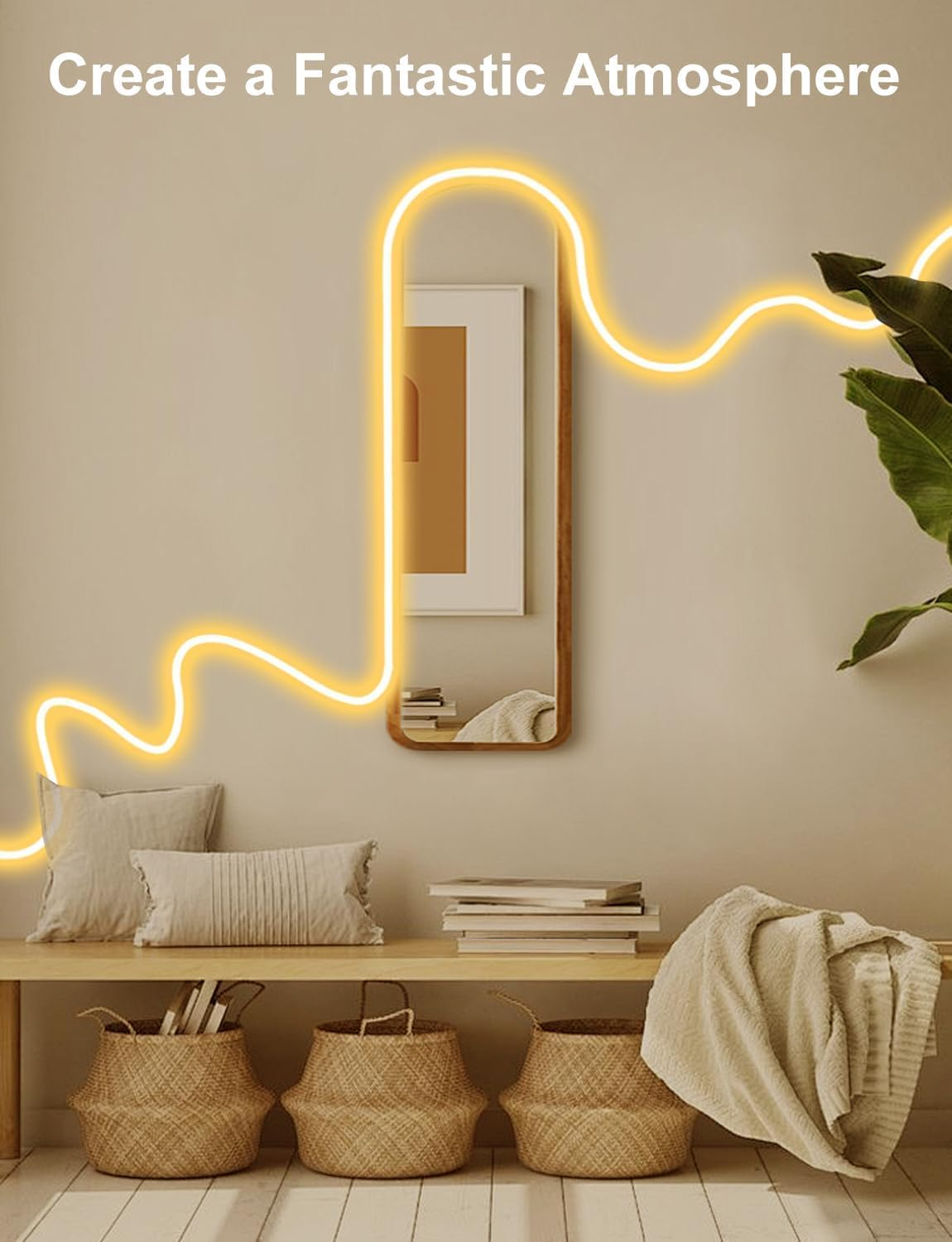 Dimmable Warm White LED Neon Strip Light 2M USB Powered Waterproof Flexible Silicone Rope Light Touch Dimmer Control for Bedroom & Home Indoor Decor image number 2