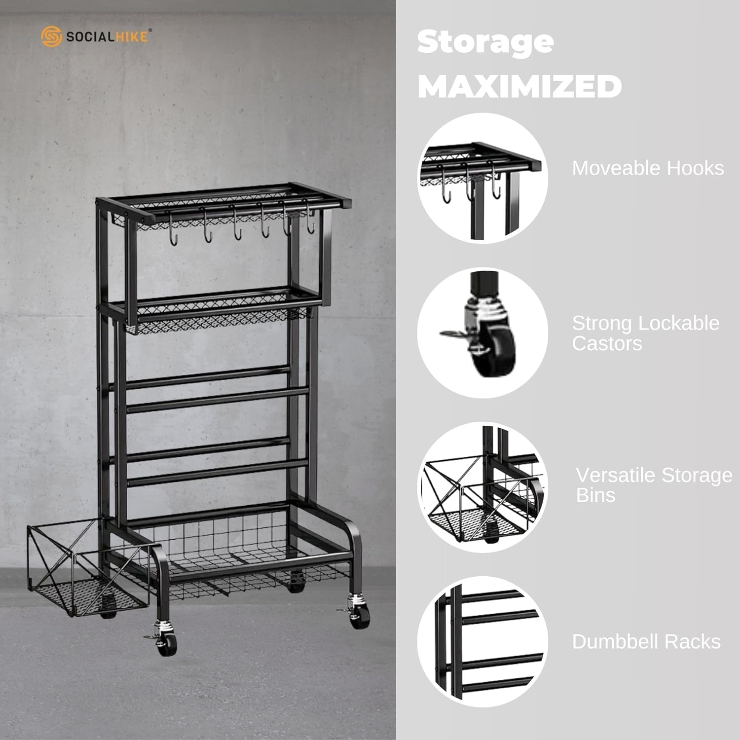 Social Hike Gym Equipment Storage Rack on Wheels - Dumbbells Weights Organiser image number 3