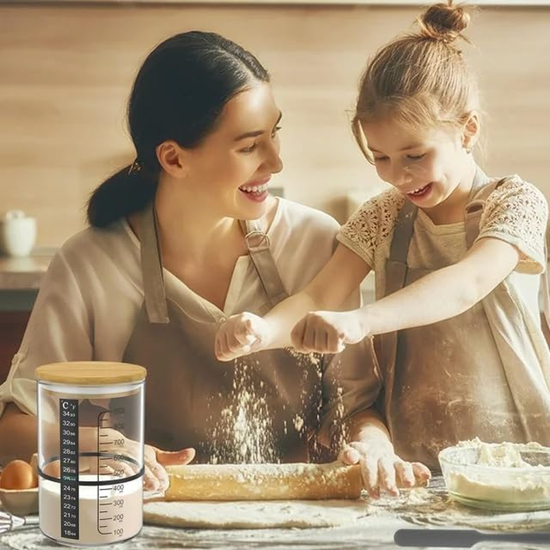 Sourdough Starter Jar, Myrthra 900Ml Sourdough Starter Container Glass Sourdough Starter Cup Wide Mouth with Wooden Lid Thermometer Strip Spatula Rubber Band Cloth Cover Lable Pen for Sourdough image number 1