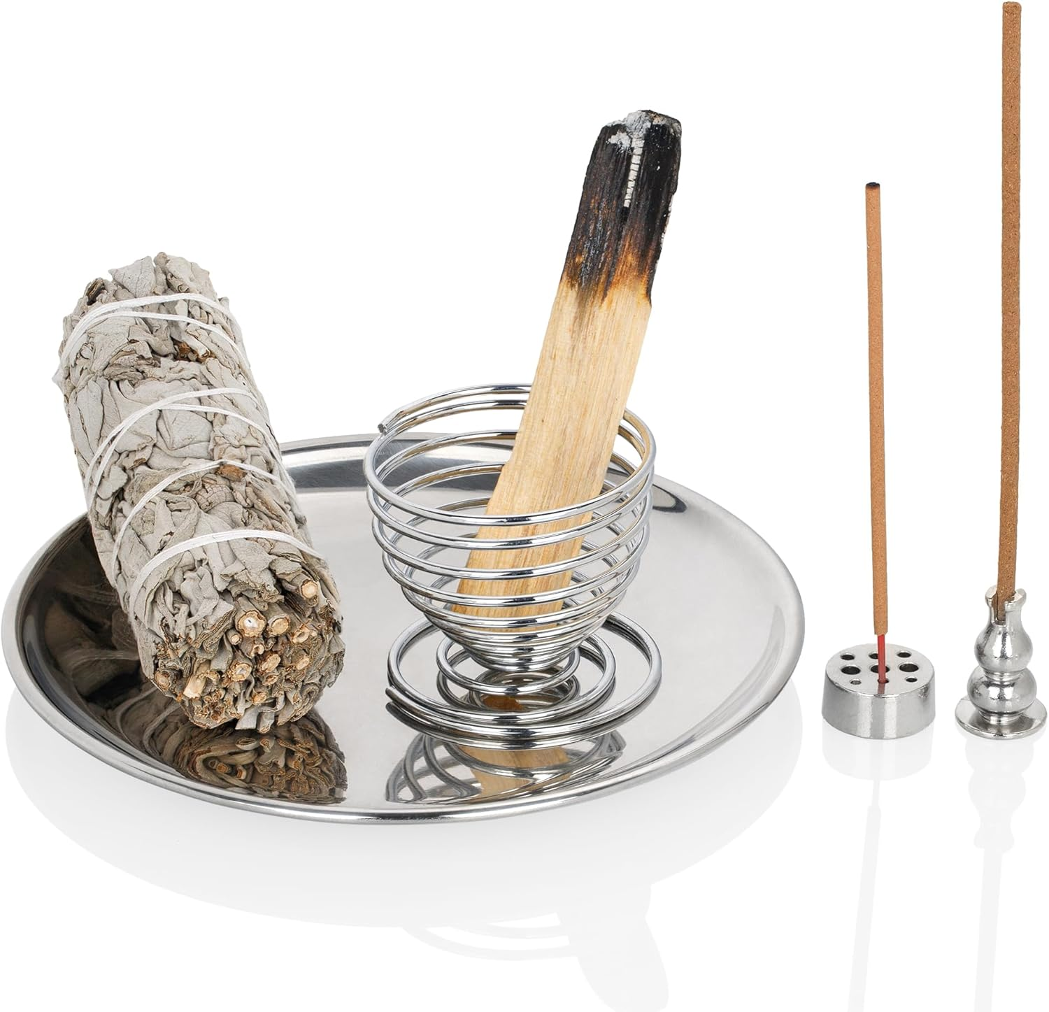 Zenbless 5 in 1 Incense Burner, Holder for Incense Sticks, Palo Santo, Sage, Coil, Cones, 5.5 Inches Brass Ash Catcher for Meditation Yoga Room(Silver) image number 6