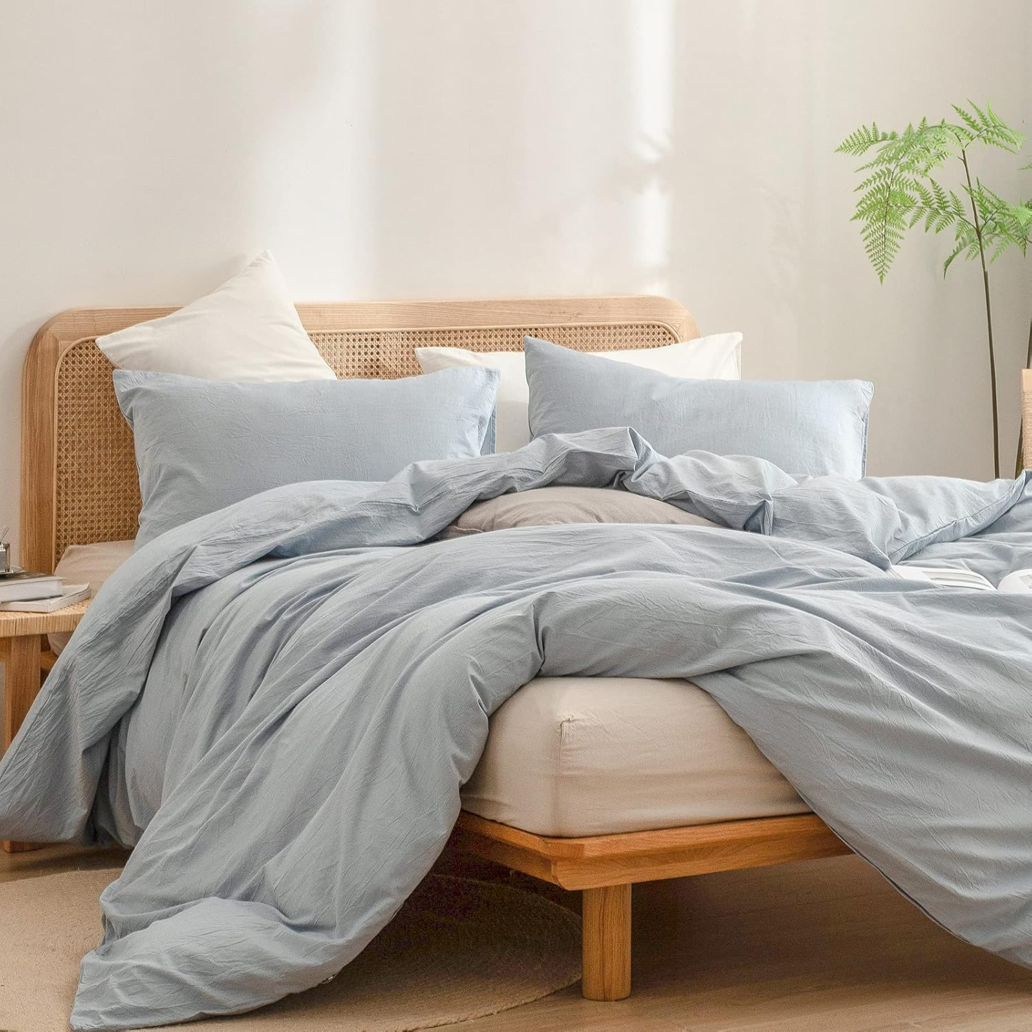 BESTOUCH Duvet Cover Set 100% Washed Cotton Linen Feel Super Soft Comfortable Chic Lightweight 3 Pcs Home Bedding Set Cornflower Blue Queen image number 5