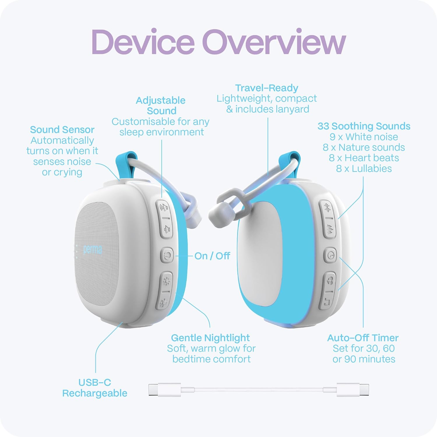 Perma Portable Sound Machine & Night Light, Multiple Soothing Sounds, Adjustable Volume, Rechargeable, Pram/Car Seat/Crib Attachment, Sound-Sensor Auto Restart, 30/60/90 Min Timer, Soft Nightlight for Feeds image number 4