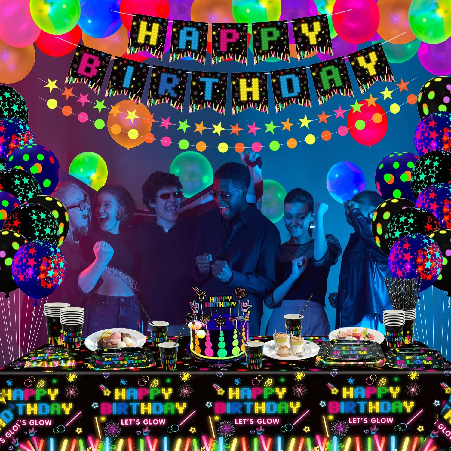 224 PCS Glow Neon Party Supplies Neon Glow Tableware Set Neon Balloon Glow in the Dark Birthday Banner Hanging Swirl Cake Toppers for Blacklight Party Decoration Serves 20 (Glow Set A) image number 4
