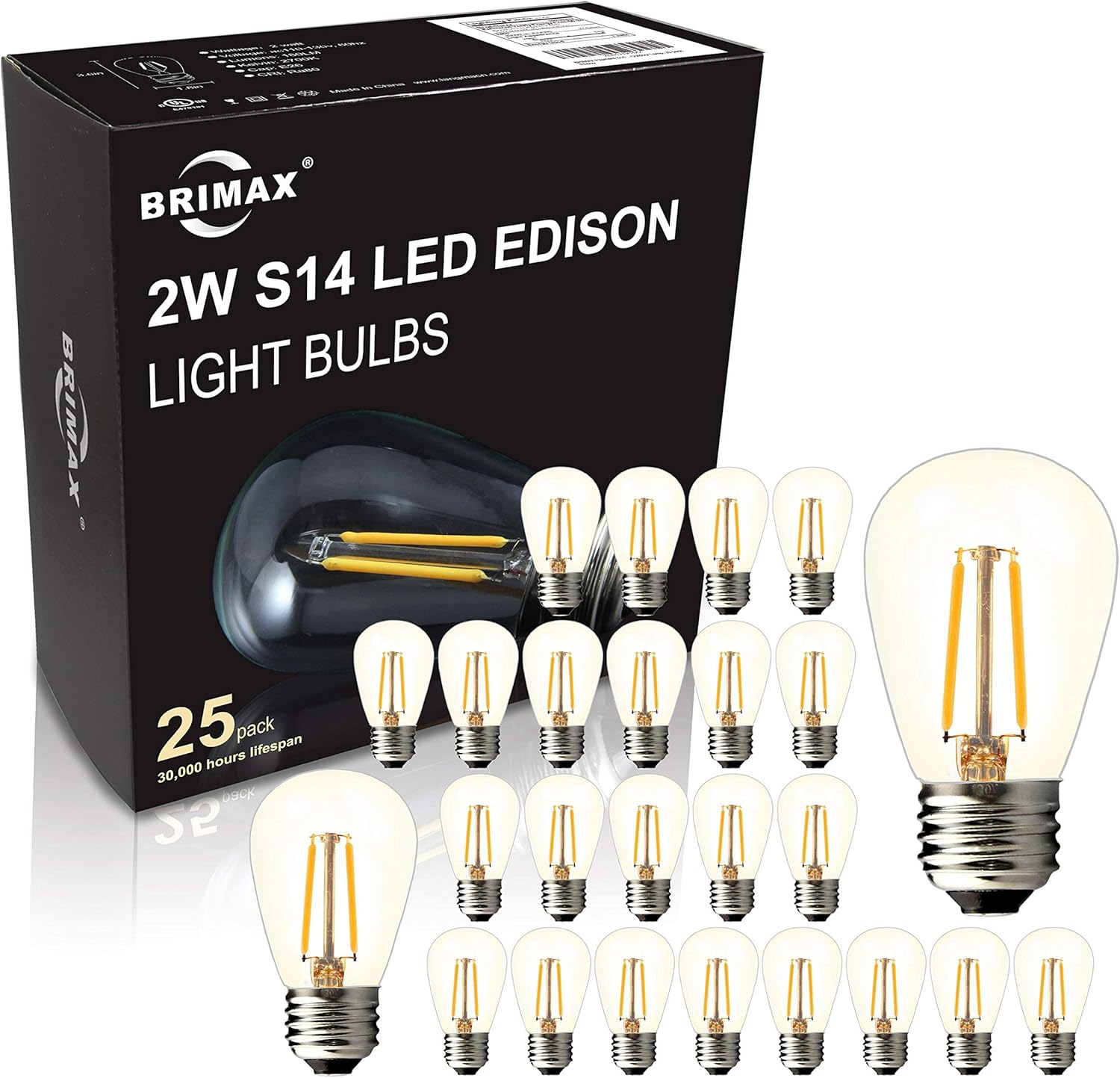BRIMAX 25PACK 2W S14 LED Outdoor Edison Light Bulbs for String Light Replacement, E27 Screw Base, Shatterproof, 2700K, 2Watt to Replace 11W/20W/25W Incandescent Bulb image number 6