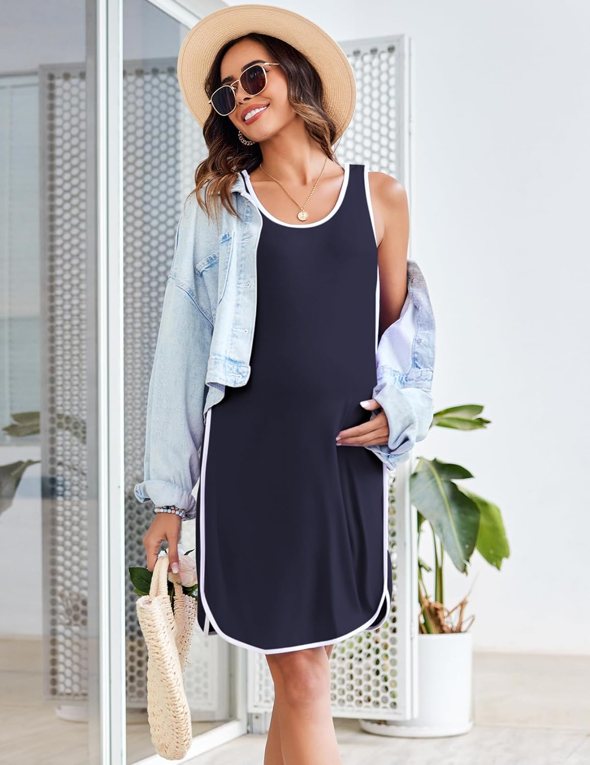 Ekouaer Labor and Delivery Gown for Hospital 3 in 1 Nursing Dress Sleeveless Maternity Snap Button Breastfeeding Nightgown Navy Blue XL, Navy image number 3