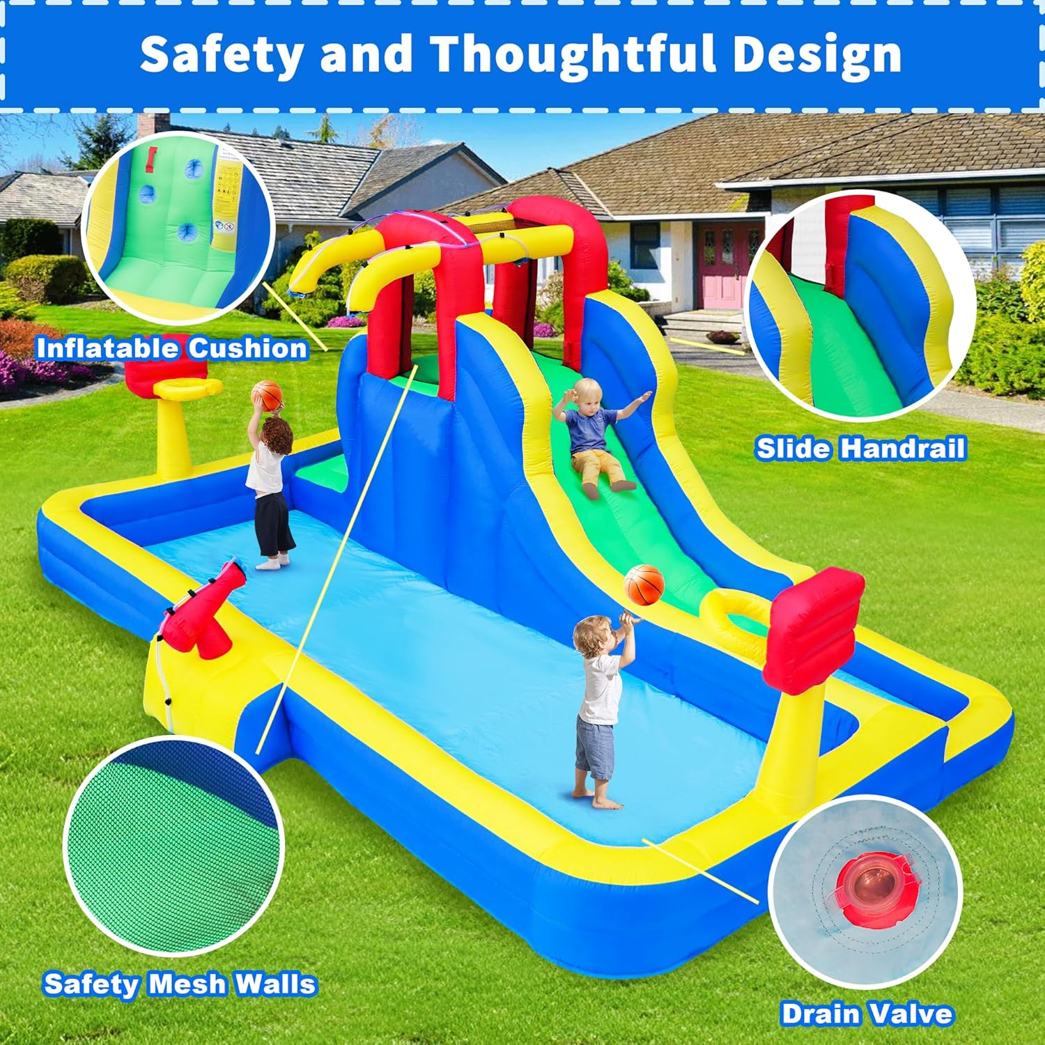 Inflatable Water Slide, 8 in 1 Water Park with Blower, 457 X 282 X 195 Cm Water Slides with Large Splashing Pool, Double Basketball Hoops, Water Cannon image number 4