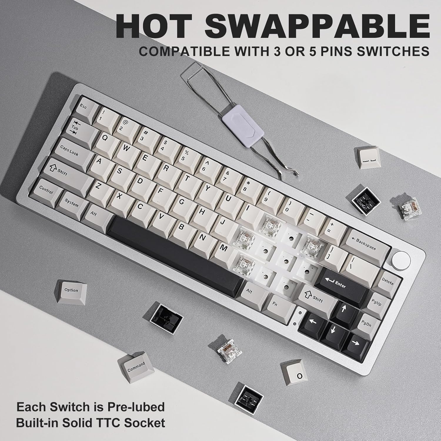 YUNZII AL66 Wireless Mechanical Keyboard,65% Knob Control Aluminum Gaming Keyboard Bluetooth/2.4G/Wired Hot Swappable Pre-Lubed Switches, Gasket Mounted RGB Keyboard for Win/Mac（Milk Switch, Silver image number 5