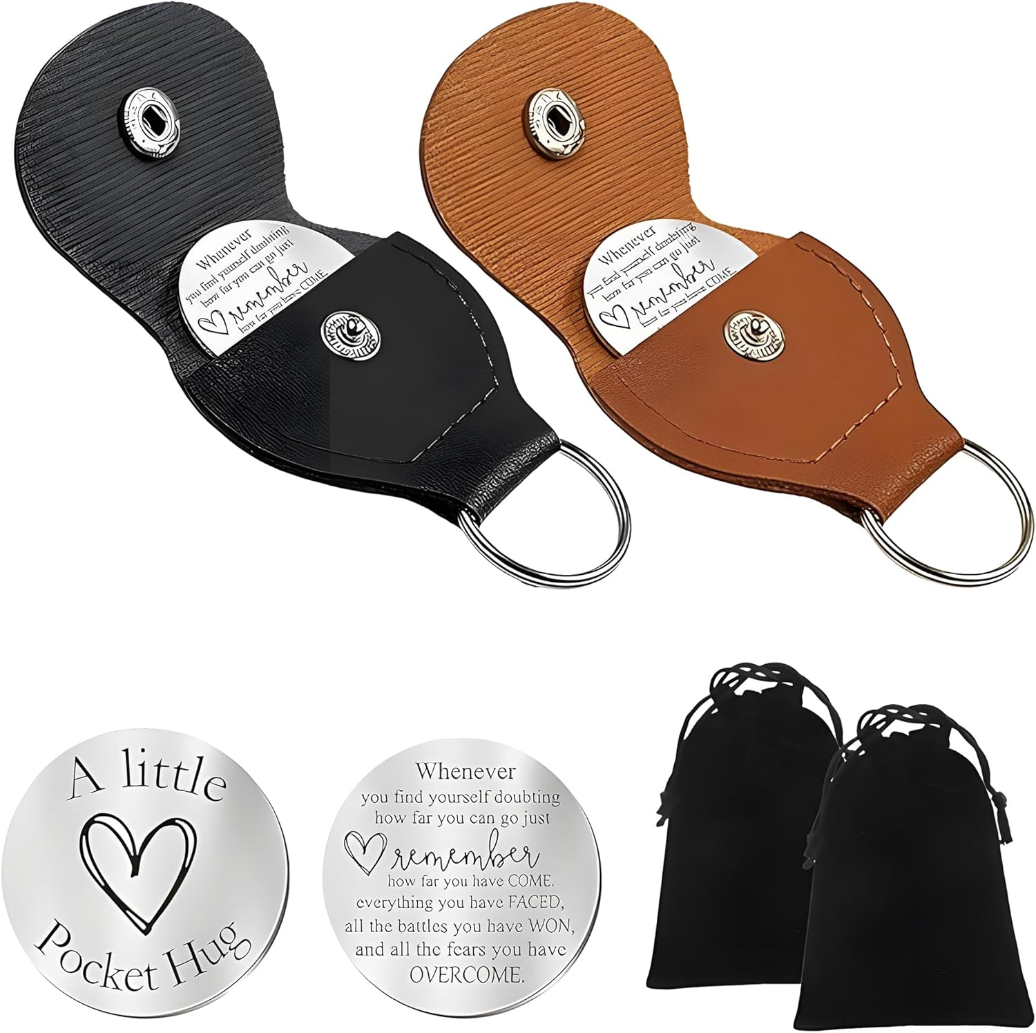 2Pcs Pocket Hug Token Keychain with 2 Gift Bags - PU Leather Gift, Thoughtful Present for Mum, Dad, Sister, Friend, Inspirational Christmas Birthday Keepsake image number 3