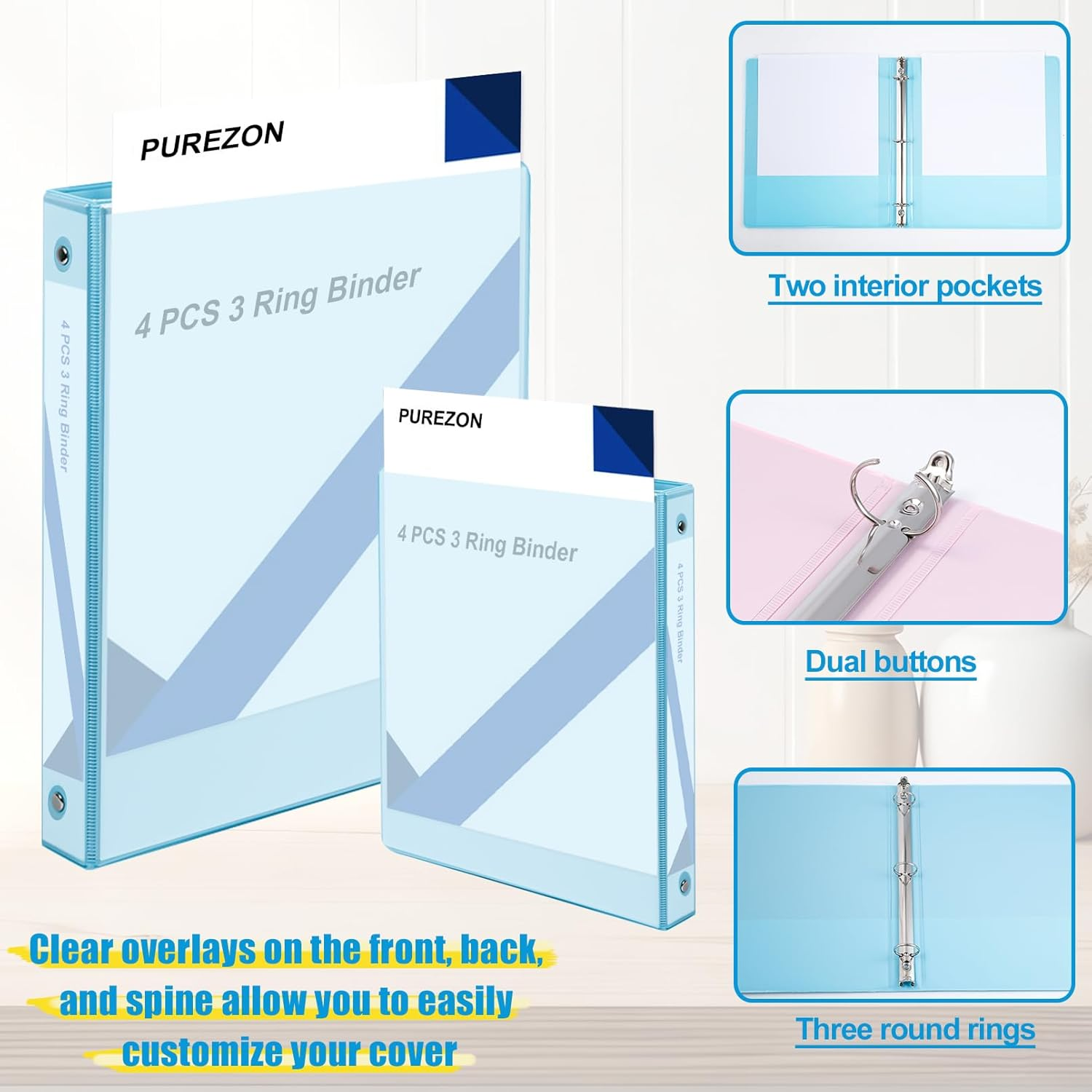 PUREZON 4 Pack 1 Inch 3 Ring Binders,Clear View Cover with 2 inside Pockets, Fits 8.5" X 11" Letter Size,Holds 200 Sheets,Clear View Binder for School,Home,Office Supplies (4 Pastel Colors) image number 6