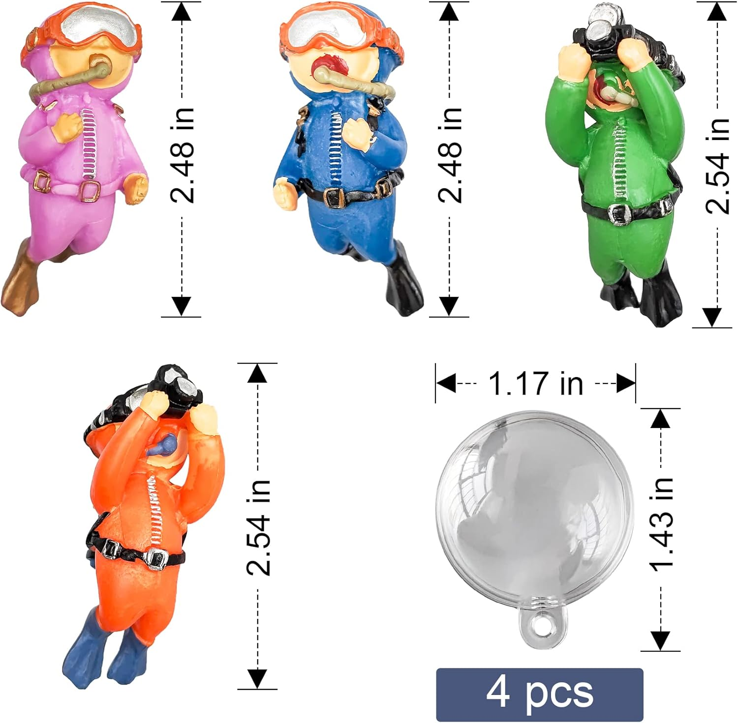 Philbinden 4 Pack Floating Fish Tank Decorations，Cute Little Diver Aquarium Decoration Cartoon Fish Playmate with Floating Device Fish Tank Accessories