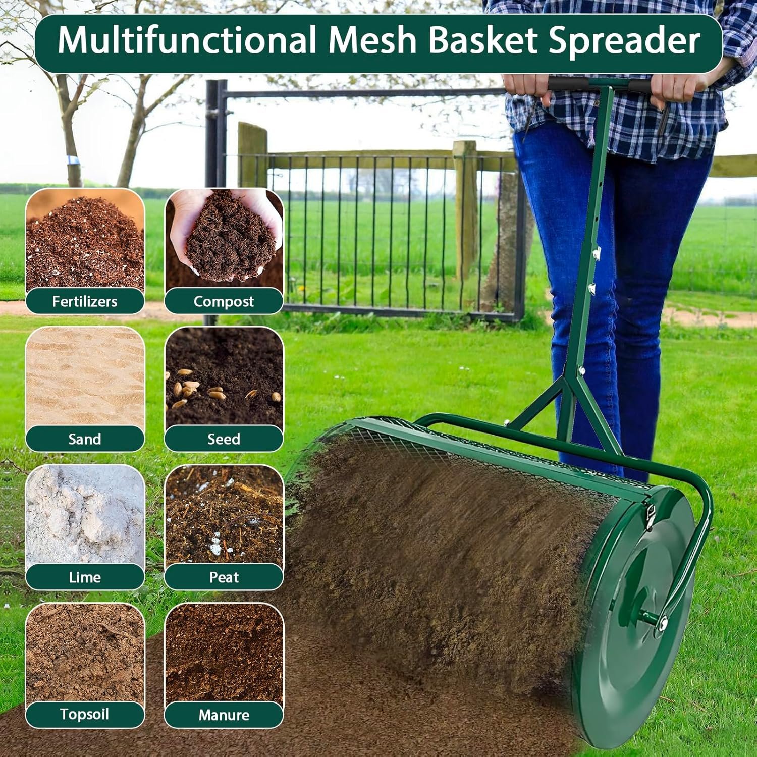 24" Compost Spreader Lawn and Garden Peat Moss Roller with 22.4"-27.5" Height Adjustable Handle 24" X 15.7" Powder Coated Mesh Basket with Side Latches for Topsoil Manure Fertilizers image number 6