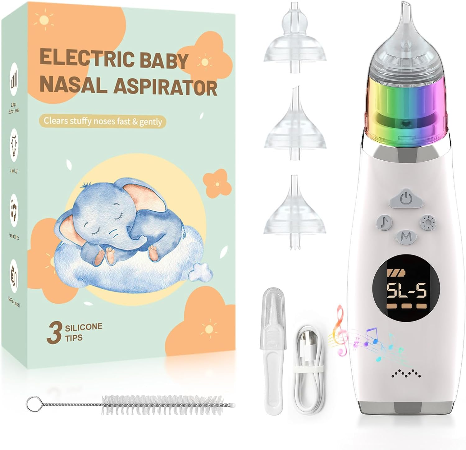 Oolong Baby Nasal Aspirator,Electric Nose Sucker for Toddler,Nasal Aspirator Adjustable 5 Modes Suction,Auto Snot & Nose Cleaner Kit with 3 Silicone Tips,Music and Light Soothing Function image number 2