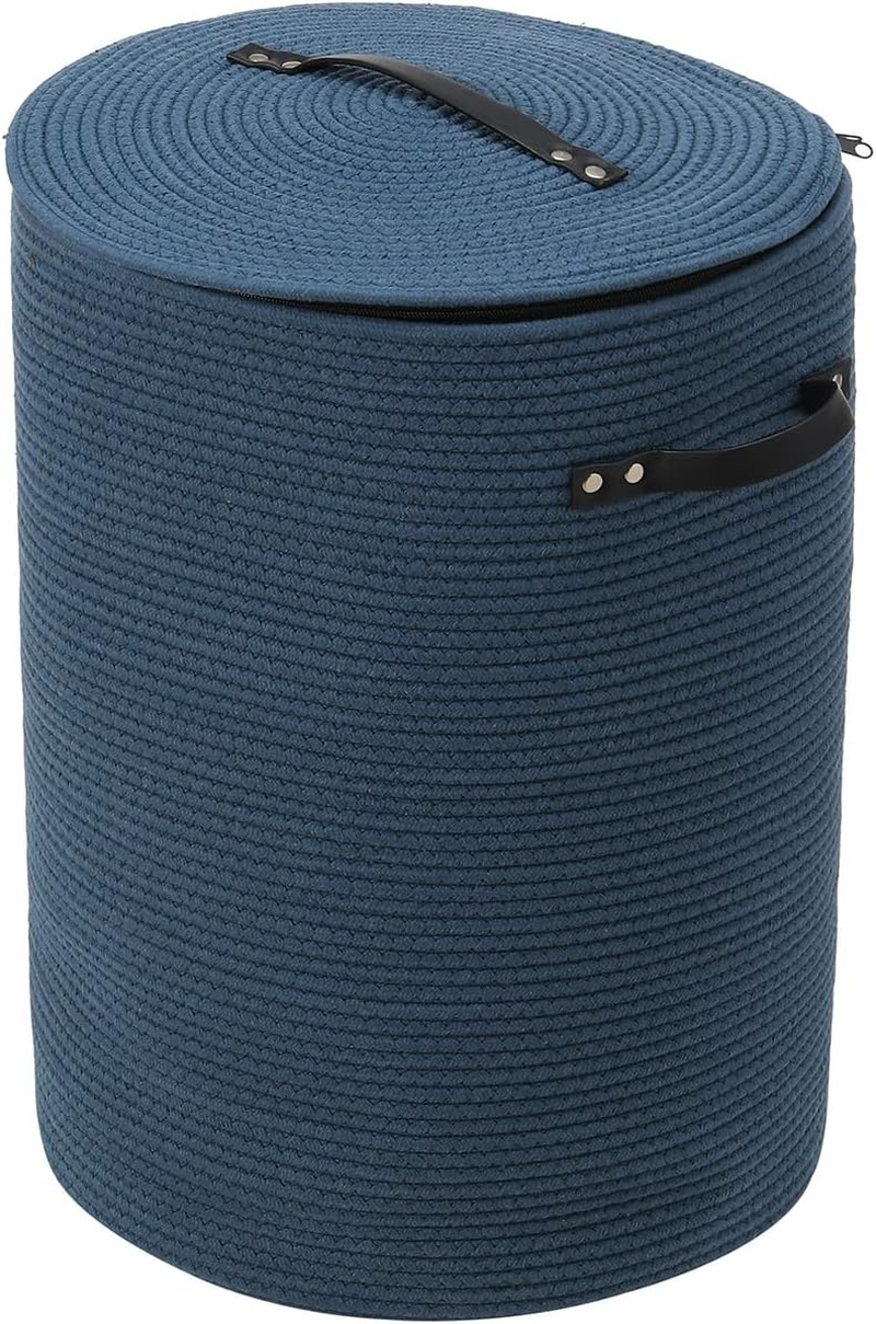 Extra Large Cotton Rope Storage Basket with Lid and Zipper, Versatile Laundry Hamper and Cloth Bin for Clothes, Towels, Blankets, Living Room Organization (All Beige, 16"X20")