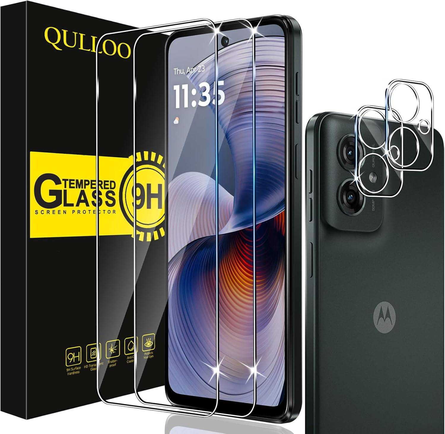 QULLOO Screen Protector for Motorola Moto G55, Pack of 2 Tempered Glass Screen Protector with 2 Camera Protection [9H Hardness Glass Film] [HD Clear Protective Glass] [Anti-Scratch Screen Protector] - Transparent -F6 image number 2