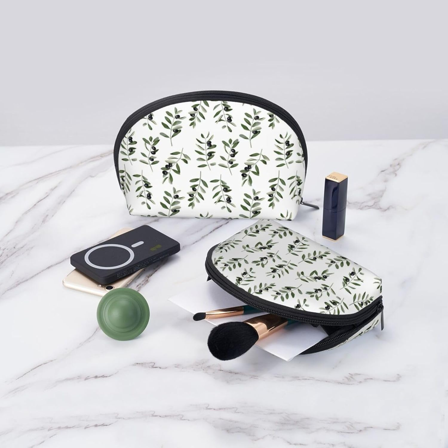 Cozimangoe Coin Pouch Makeup Bags Set, 2 Piece Shell Shape Cosmetic Bag with Pockets for Daily Travel Handbag Lipstick Keys Toiletry, Personalized Olive Branch Watercolor Style Nature image number 2