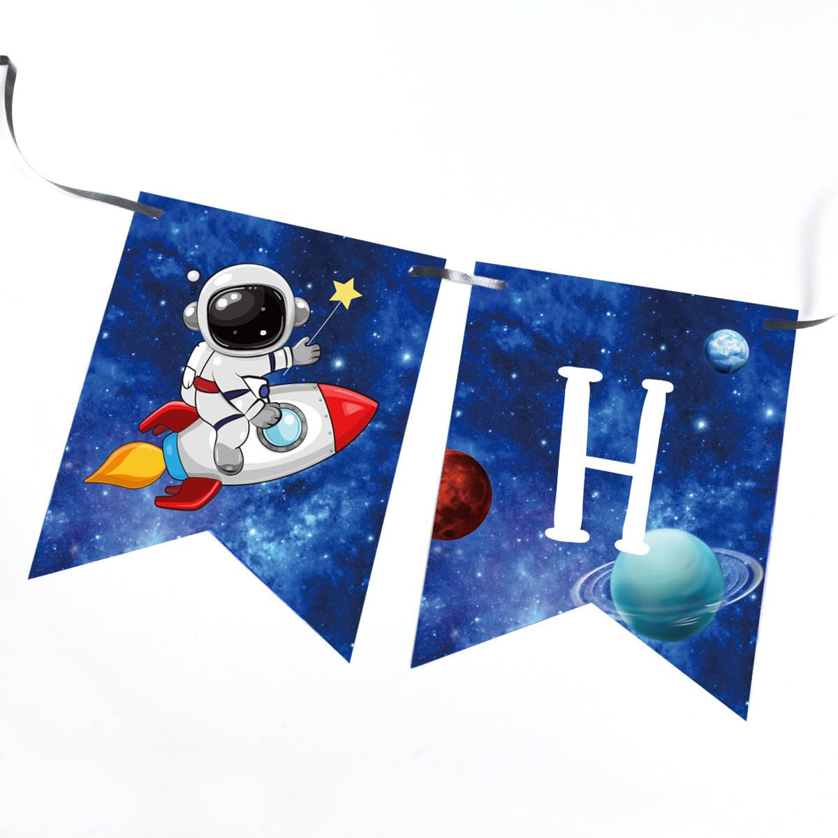 Space Theme Happy Birthday Banner, Astronaut and Planet Design, Blue Starry Sky Party Decoration image number 1