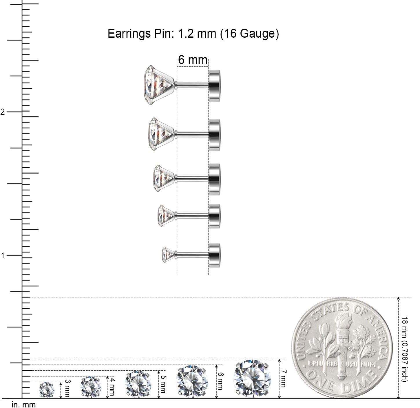 Jewelrieshop Assorted Sizes Wholesale Lot Stainless Steel Cubic Zirconia Barbell Cartilage Tragus Helix Stud Earring image number 6