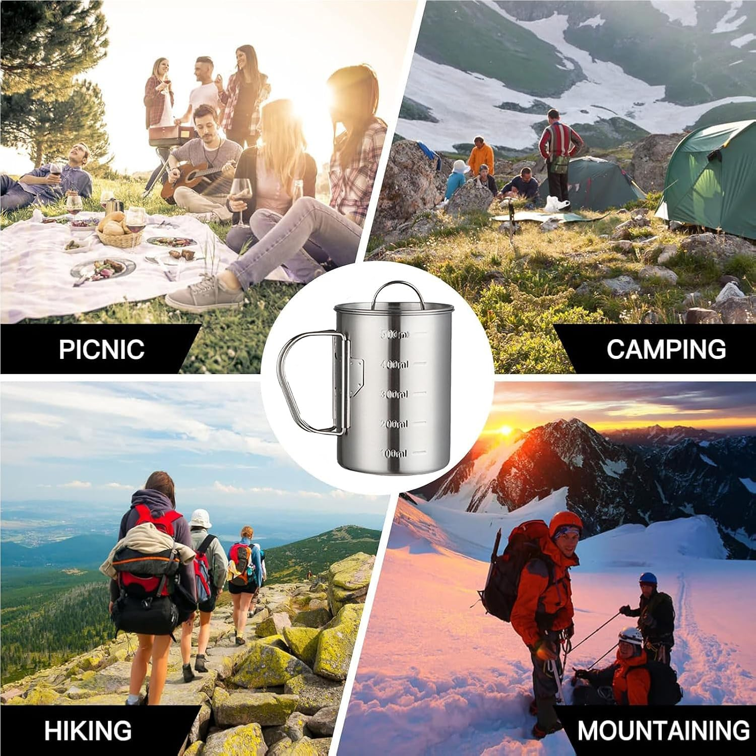Glomora Stainless Steel Camping Mug, Stainless Steel Camping Cup Pot, Outdoor Mug with Folding Handle, Lid Scale - Ideal for Camping, Hiking, Backpacking (500 Ml) image number 4
