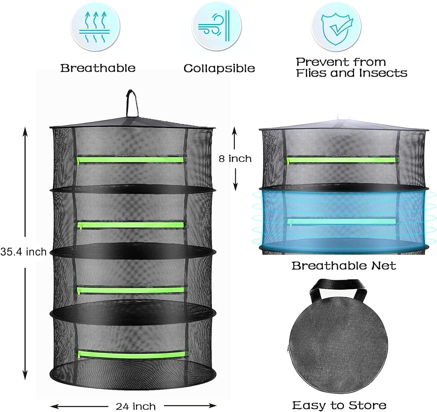 Herb Drying Rack, Hanging Plant Dryer Net Plant Drying Rack Collapsible Dry Net Mesh Cage Frame with Zipper Opening for Drying Herb Flowers Vegetables Buds Fish (Black 4-Layer) image number 2